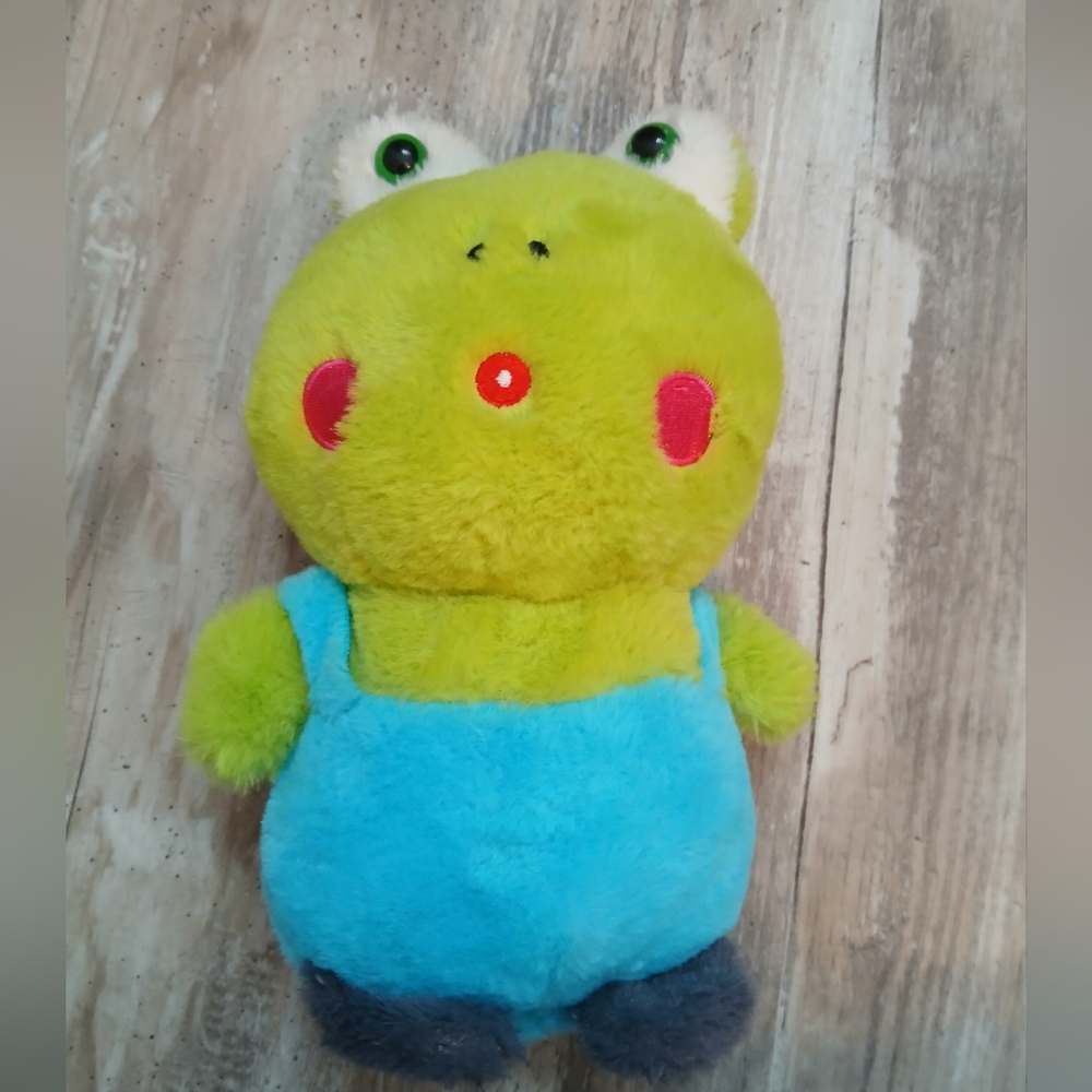 ​Vintage Frog Plush Toy Blue Overalls Neon Green Froggy Toad Cute Novelty